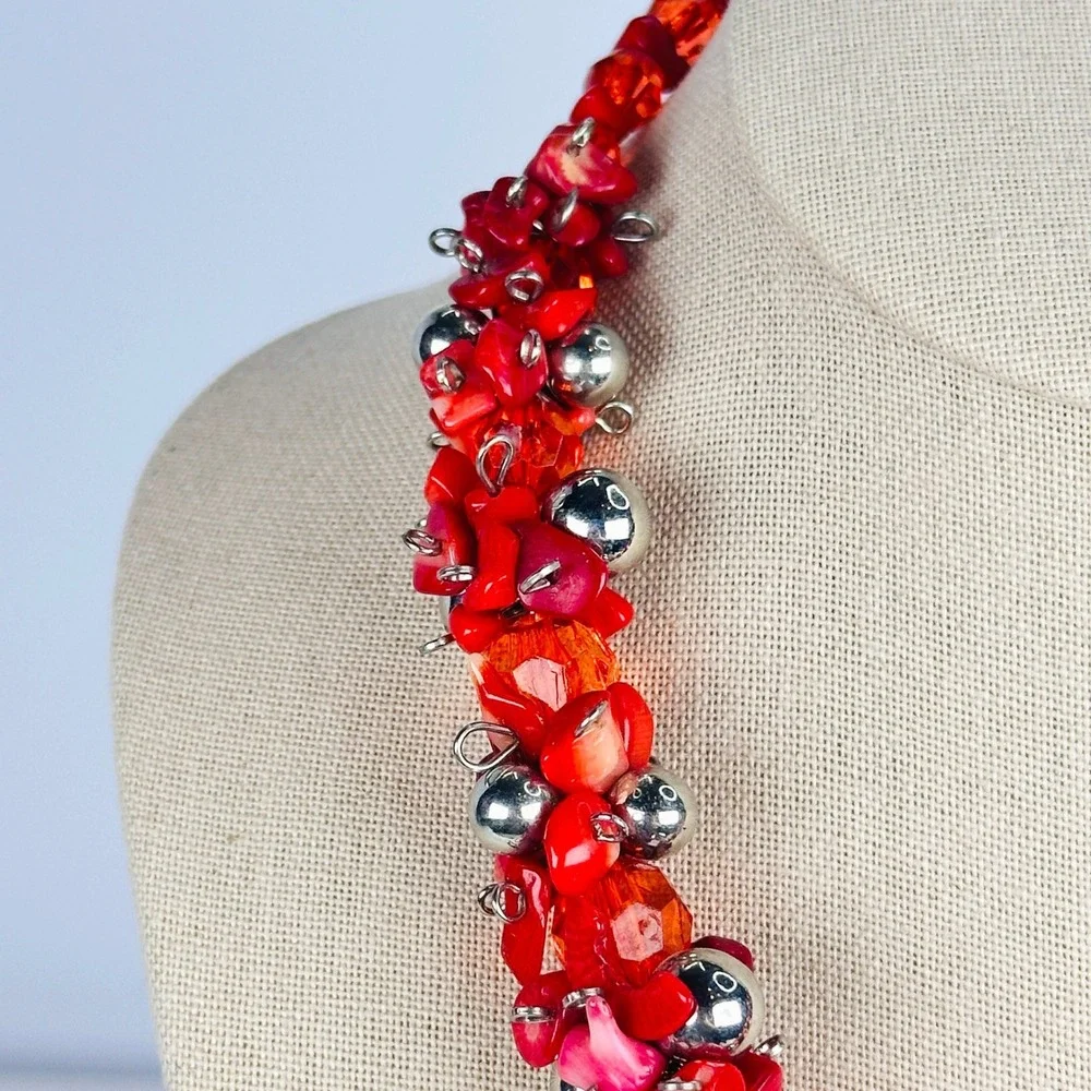 Bold Red Cluster Necklace Coral Chip Faceted Bead Silver Tone Maximalist Collar